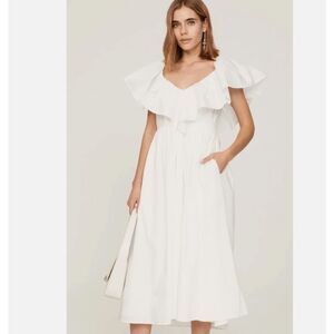 Adam Lippes Collective White Cotton Midi Dress Ruffle On / Off Shoulder Size 6